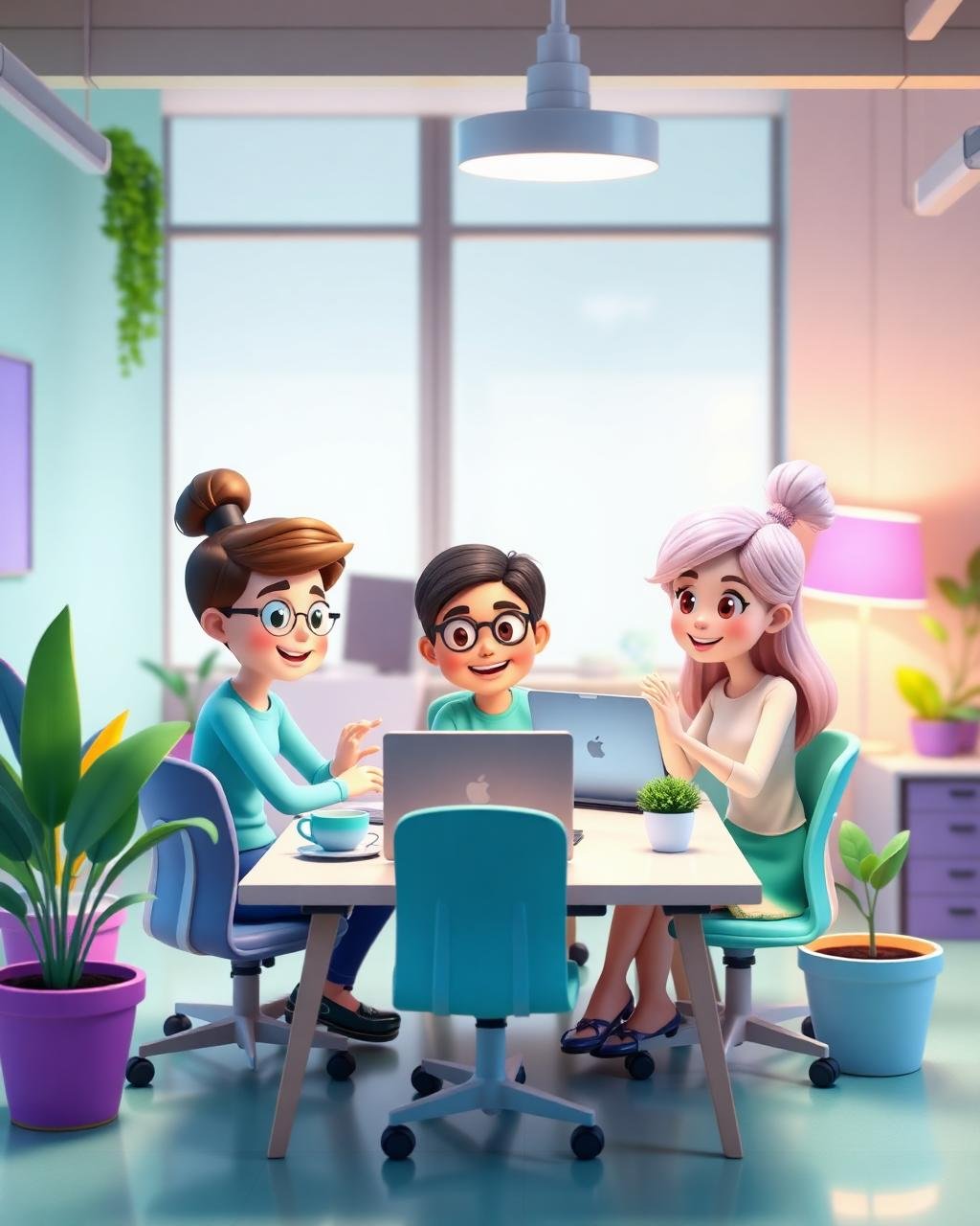 Cartoon illustration of the Busistree team collaborating at their desks
